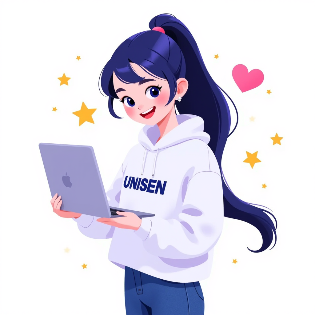A young animated female character with long, flowing blue-purple hair tied in a high ponytail. She has large, expressive blue eyes and is seen smiling with a cheerful demeanor. She's wearing a white hoodie with the word 'UNISEN' written on it, paired with blue jeans. In her hands, she holds a silver laptop. The background is white, adorned with small golden stars and a pink heart floating around her.
