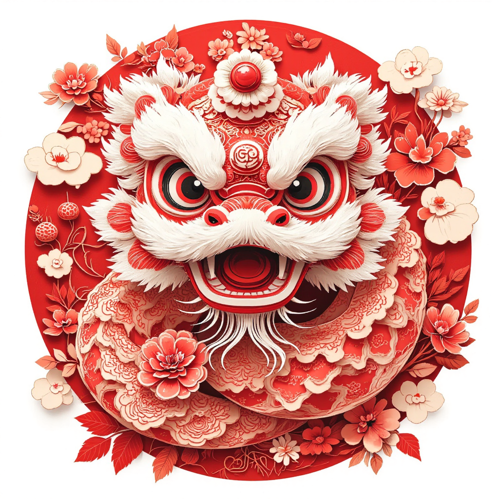 紅色剪紙，帶著醒獅帽子的可愛小蛇，傳統(tǒng)紋樣，新年主題，矢量風(fēng)，白色背景