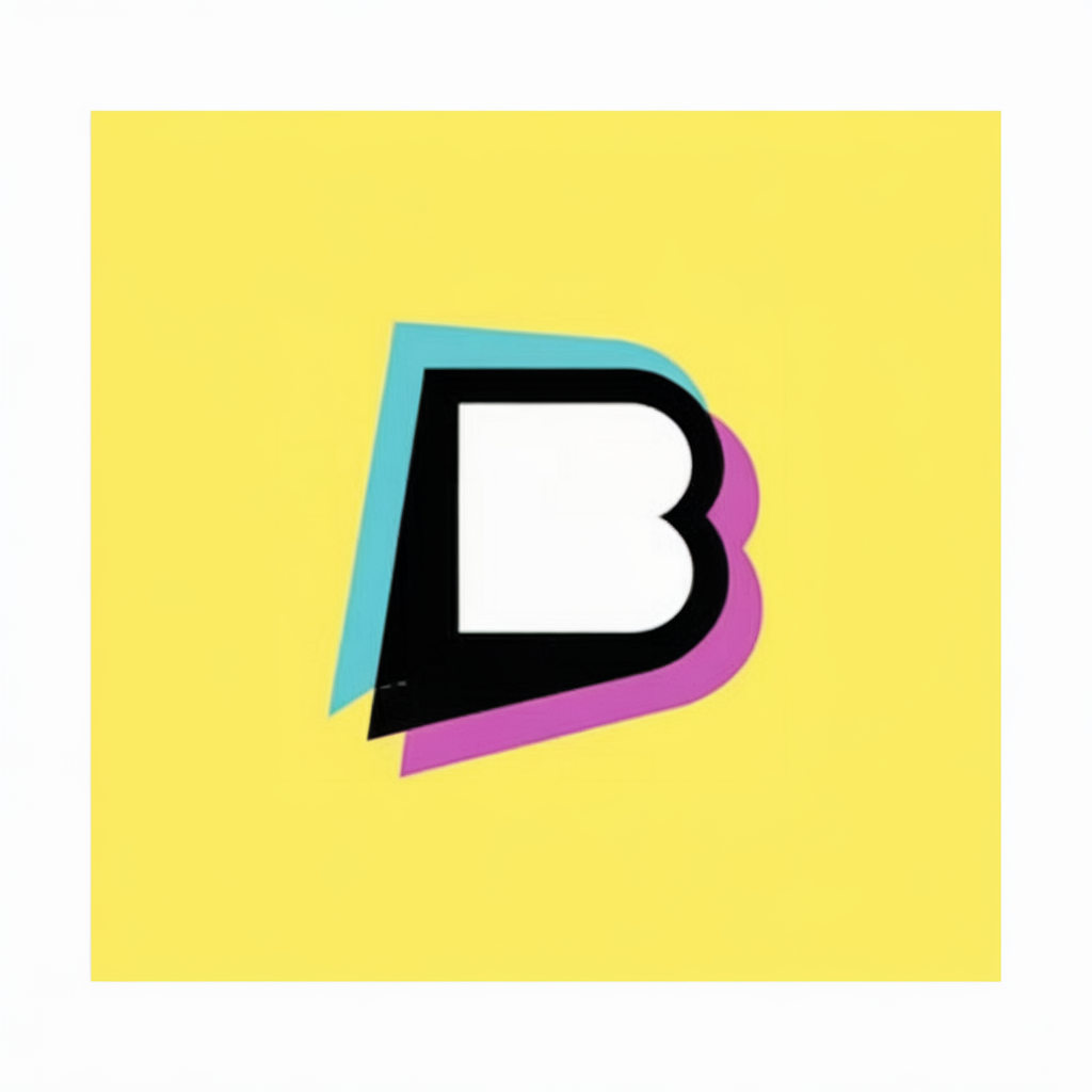 字母 'B' 以鮮艷的黃色背景為襯托。這個(gè)字母 'B' 由三個(gè)不同的層次組成：一個(gè)白色的大寫 'B'、一個(gè)黑色的小寫 'b'，以及它們之間的粉紫色層。這個(gè)設(shè)計(jì)給字母帶來(lái)立體的外觀，粉紫色的層看起來(lái)稍微重疊在黑色層上。,logo icon