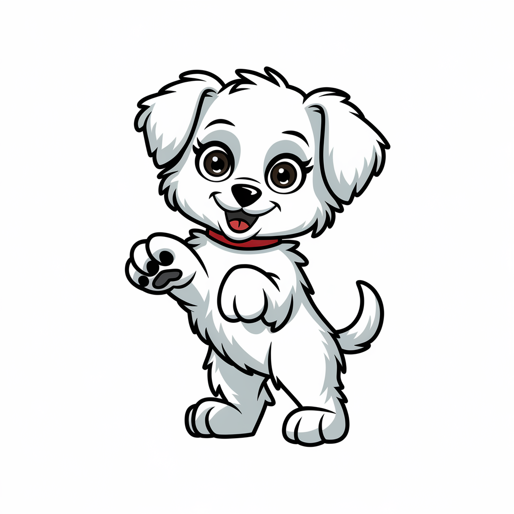 A logo icon design of a white puppy with a fluffy coat. The puppy is standing on its hind legs and has its front paws raised. The puppy has large, expressive eyes and is wearing a red collar. The background is white.