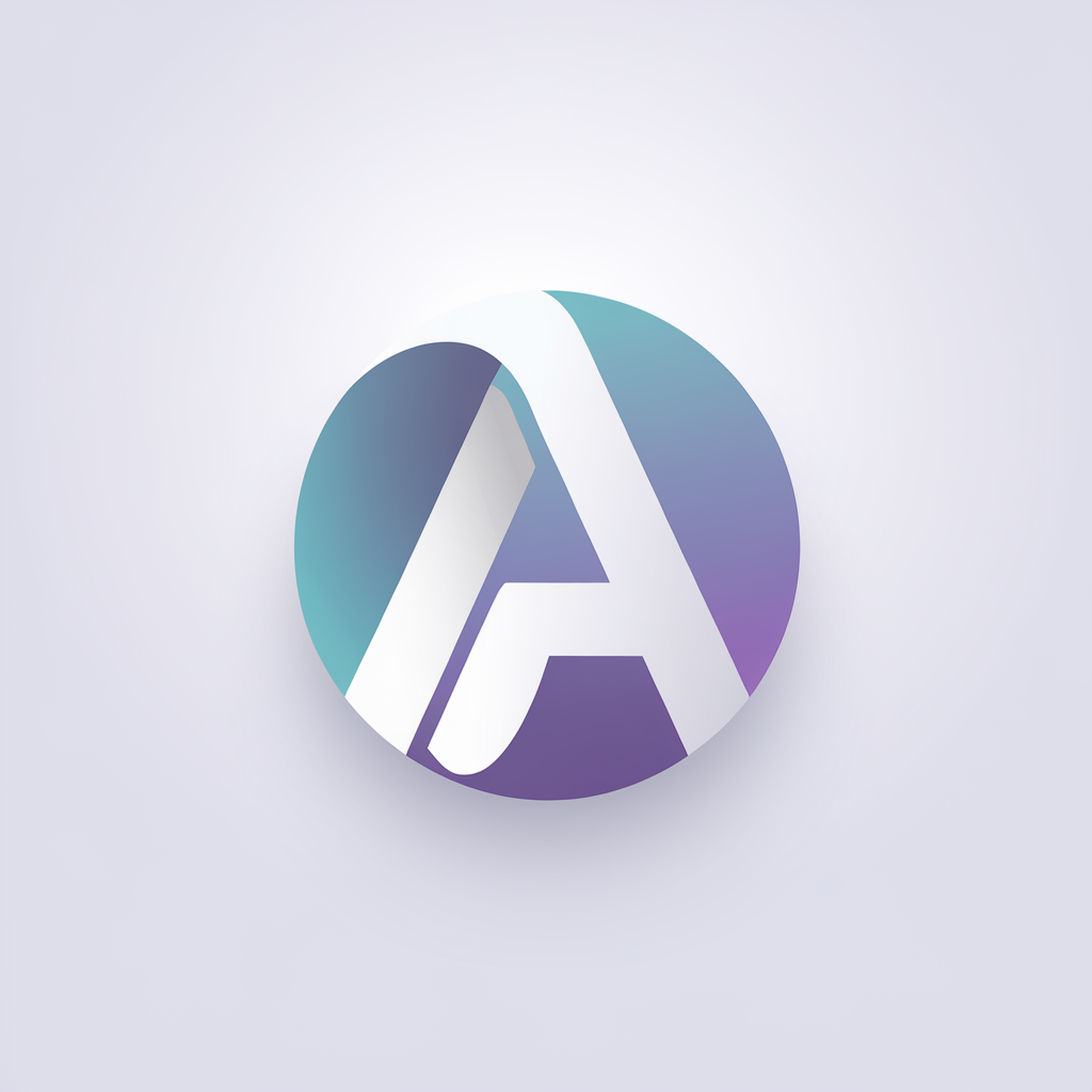 A minimalist logo icon design for "A". The design features a white capital "A" with a soft gradient from light blue to purple. The "A" is placed in the center of a white circle. The background is white.