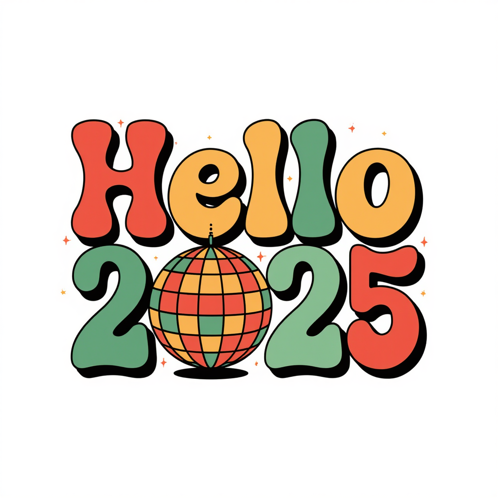 A vibrant and colorful graphic design. The words 'Hello 2025' are prominently displayed in bold, stylized letters. The '2025' is depicted with a globe design, which is multicolored and has a grid pattern. The design is set against a white background, and there are small decorative elements, such as stars, present around the globe.